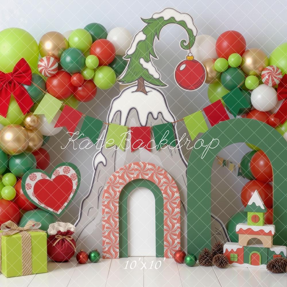 Kate Christmas Cake Smash Whoville Balloon Arch Candy Cane Gifts Green Red Printed Backdrop Designed by Mini MakeBelieve