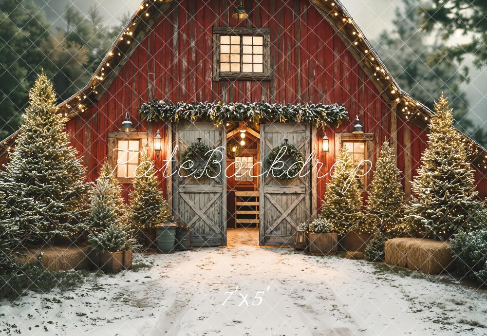 Kate Christmas Red Barn Snowy Pine Trees Backdrop Designed by Emetselch