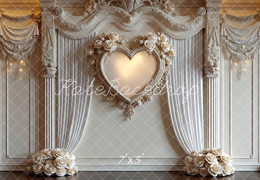 Kate Heart Flower Arch White Drapes Columns Backdrop Designed by Mini MakeBelieve