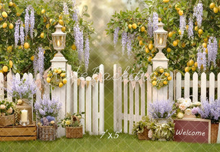 Kate Spring Lemon Tree White Picket Fence Lantern Flowers Printed Backdrop Designed by Emetselch