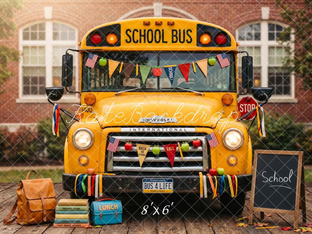 Kate Back To School Yellow School Bus Chalkboard Backpack Printed Backdrop Designed by Patty Roberts