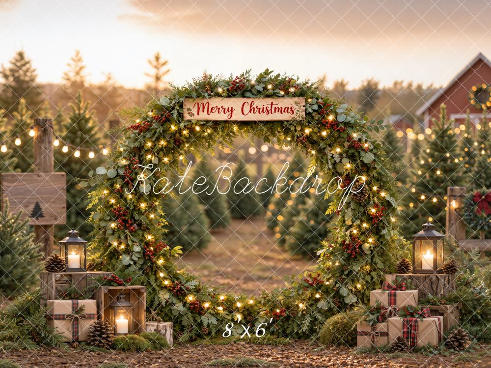 Kate Christmas Farm Greenery Arch Gift Boxes Rustic Printed Backdrop Designed by Emetselch
