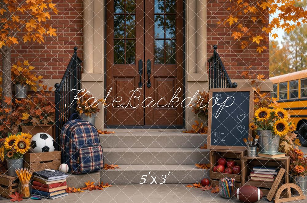 Kate Back To School Fall Brick Entrance Backpack Chalkboard Sunflowers Printed Backdrop Designed by Mini MakeBelieve