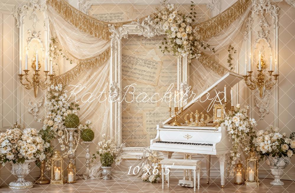 Kate Spring Ivory Grand Piano Floral Framed Printed Backdrop Designed by Mini MakeBelieve