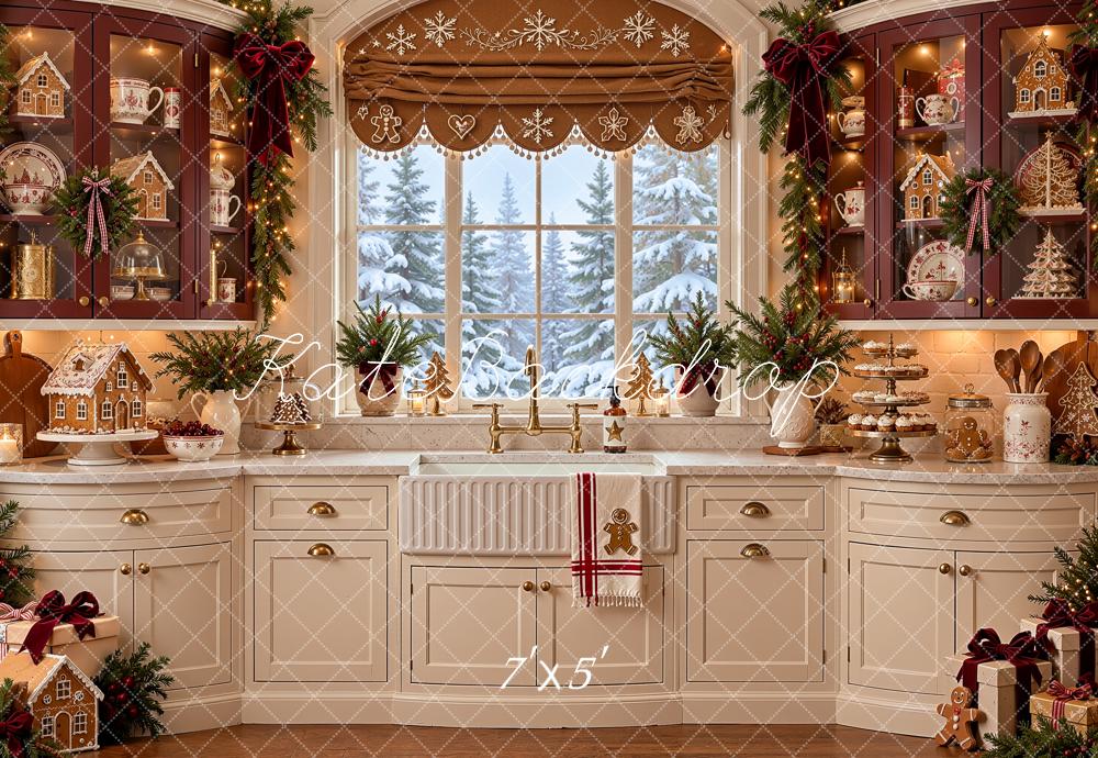 Kate Christmas Gingerbread Kitchen Window White Cabinet Printed Backdrop Designed by Shutter Swan Studios