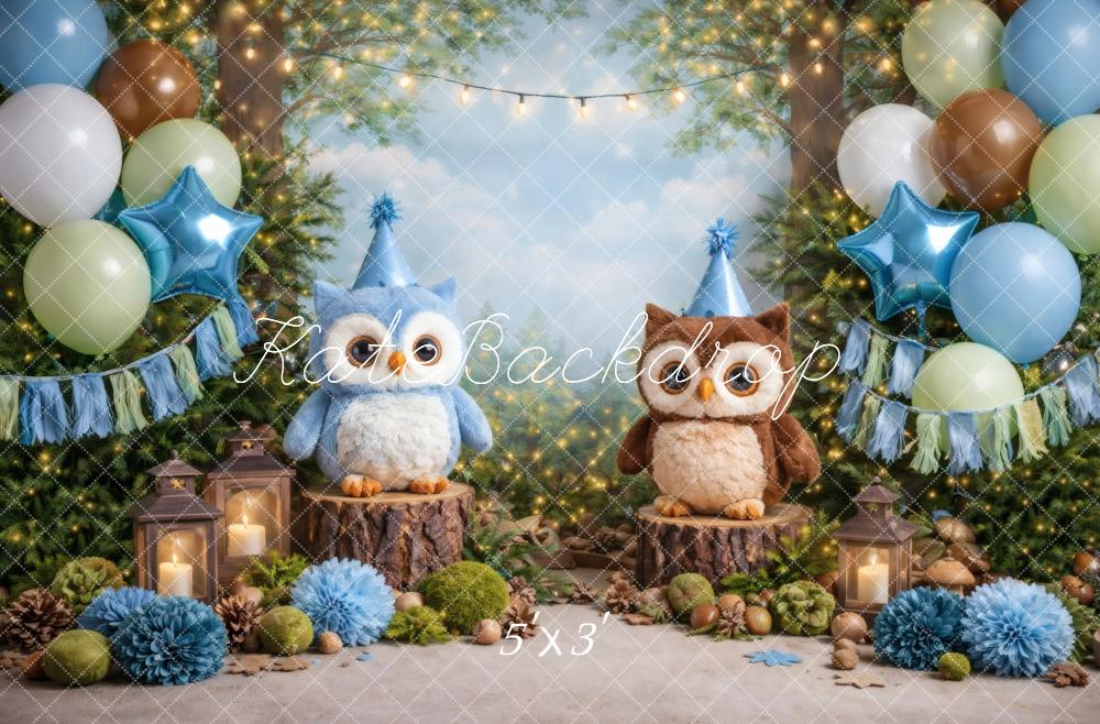 Kate Cake Smash Forest Owls Balloons Lanterns Birthday Party Printed Backdrop Designed by Vertigo Productions