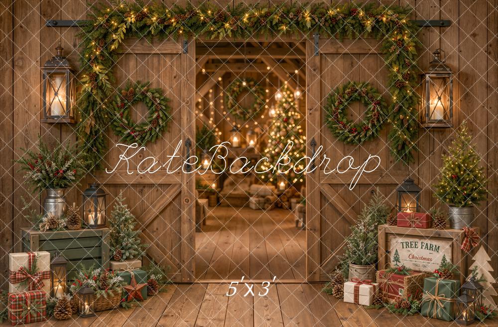 Kate Christmas Rustic Barn Door Garland Wreath Trees Printed Backdrop Designed by Emetselch