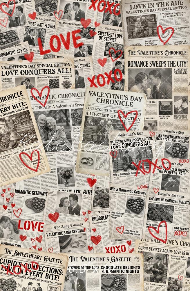 Kate Valentine's Day Newspaper Collage Love Hearts Backdrop Designed by Chain Photography