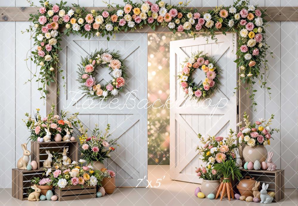 Kate Easter Bunny Barn Door Pastel Flowers Backdrop Designed by Mini MakeBelieve