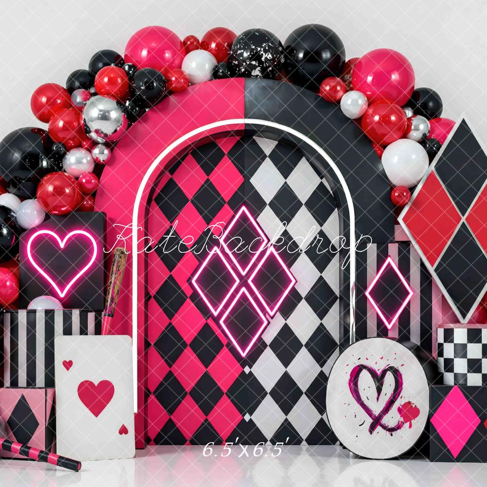 Kate Birthday Harlequin Diamonds Arch Balloons Pink Black Hearts Printed Backdrop Designed by Mini MakeBelieve