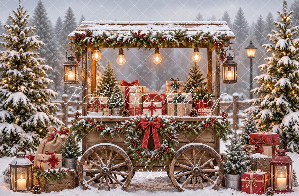 Kate Christmas Snowy Gift Cart Lanterns Printed Backdrop Designed by Emetselch