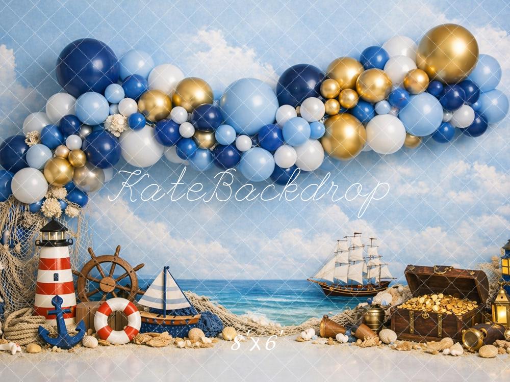 Kate Nautical Balloons Pirate Ship Treasure Lighthouse Printed Backdrop Designed by Caitlin Lynch