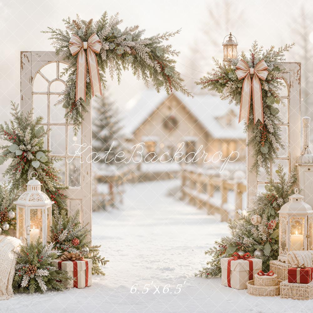 Kate Christmas Door Snowy Arch Garland Lanterns Village Printed Backdrop Designed by Emetselch