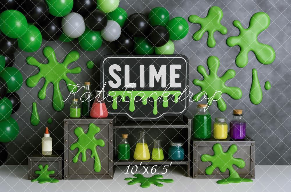 Kate Cake Smash Slime Lab Green Balloons Backdrop Designed by Mini MakeBelieve