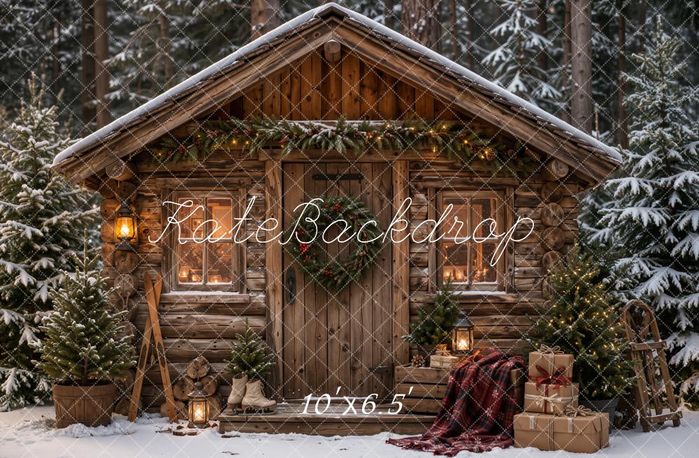 Kate Christmas Rustic Wood Cabin Snowy Plaid Blanket Forest Printed Backdrop Designed by Emetselch