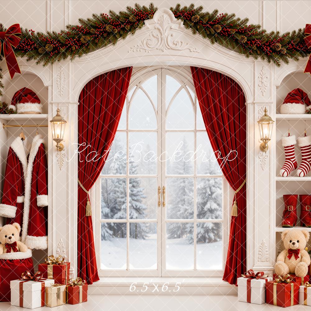 Kate Christmas Window Garland Red Curtains Gifts Built-In Cabinet Printed Backdrop Designed by Emetselch