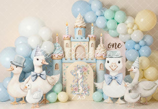 Kate Cake Smash Castle Silly Goose Pastel Balloons Printed Backdrop Designed by Emetselch