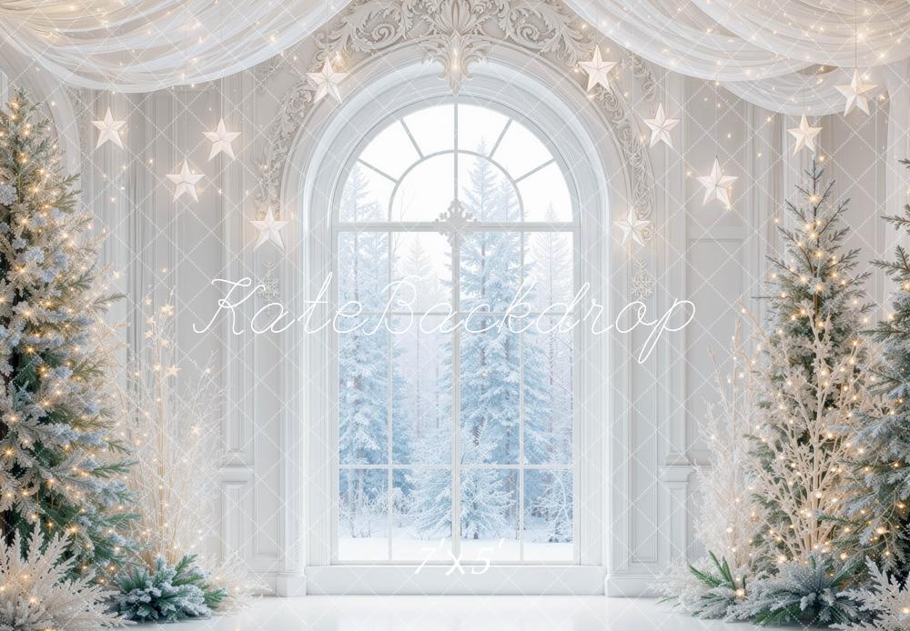 Kate Christmas Snowy Window Trees Hanging Stars Printed Backdrop Designed by Mini MakeBelieve