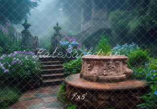 Kate Enchanted Garden Fountain Stairs Printed Backdrop Designed by Mini MakeBelieve