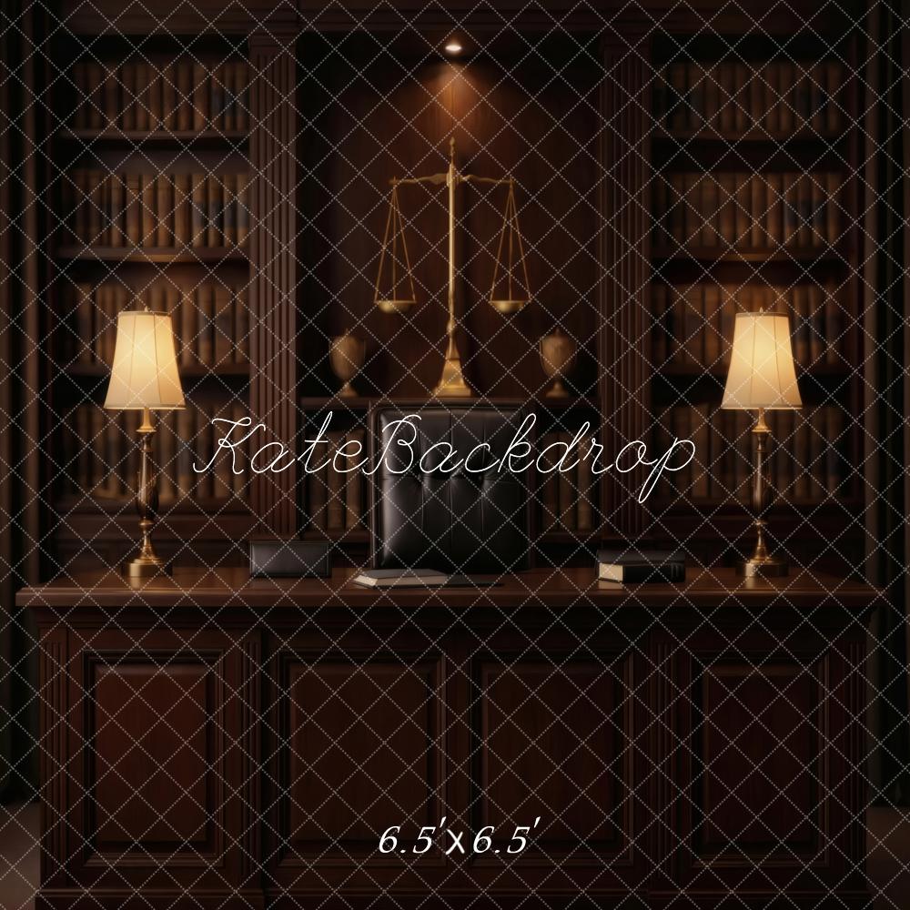 Kate Bookshelves Desk Scales of Justice Lamps Printed Backdrop Designed by Vertigo Productions