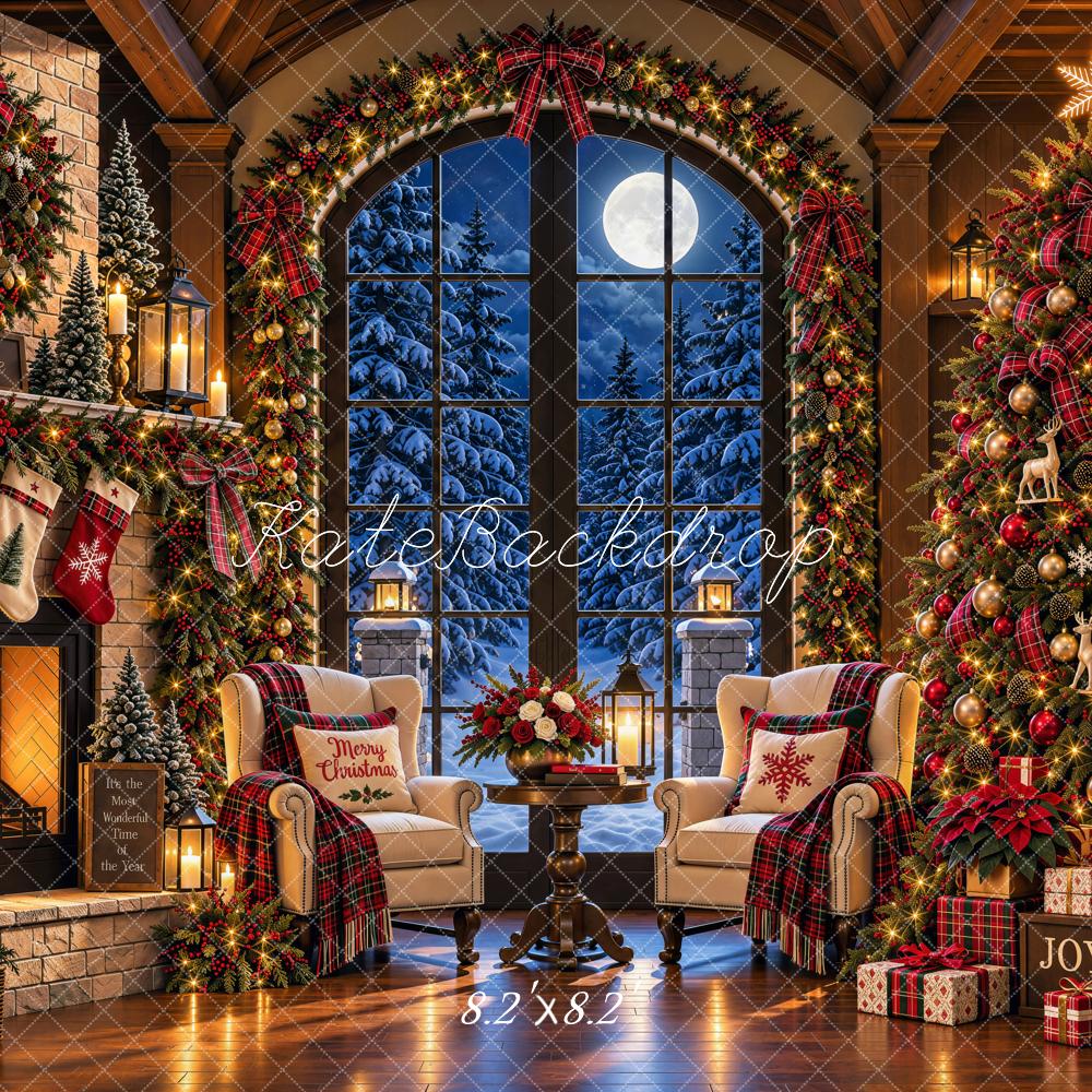 Kate Christmas Cozy Fireplace Christmas Tree Window Moonlit Printed Backdrop Designed by Shutter Swan Studios