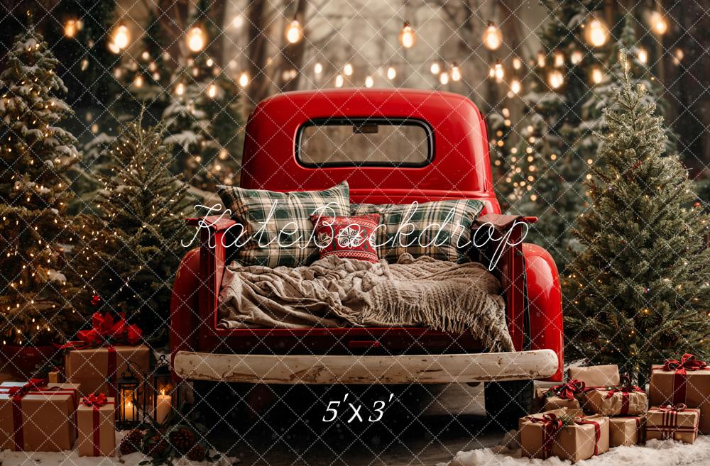 Kate Christmas Red Truck Pine Trees String Lights Backdrop Designed by Emetselch