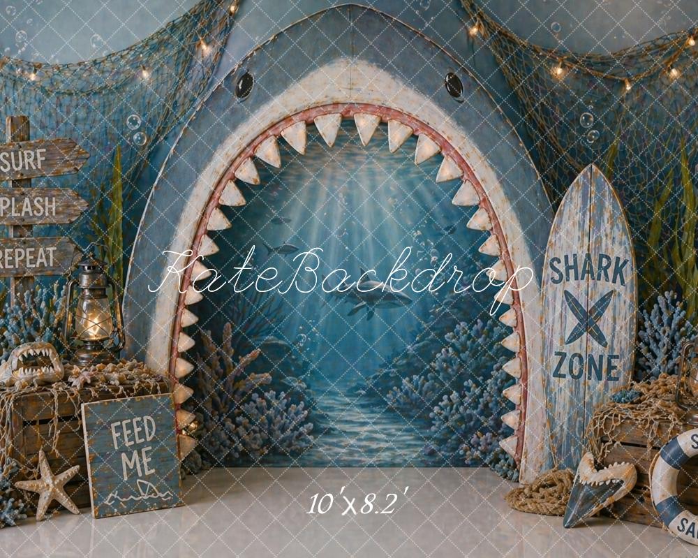 Kate Nautical Shark Mouth Ocean Surfboard Blue Printed Backdrop Designed by Caitlin Lynch