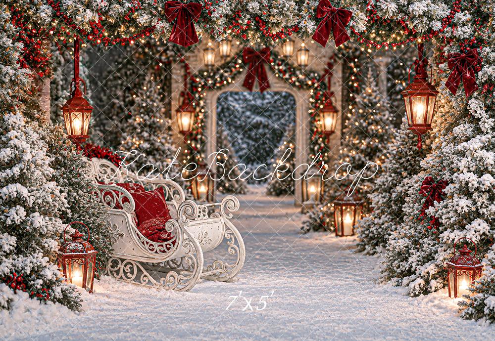 Kate Christmas Snowy Sleigh Lantern Archway Pine Trees Printed Backdrop Designed by Angela Miller