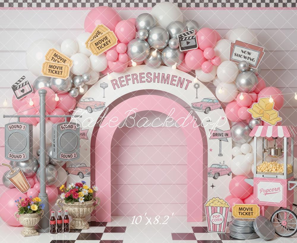 Kate Cake Smash Drive In Movie Refreshment Arch Balloons Popcorn Cart Printed Backdrop Designed by Mini MakeBelieve