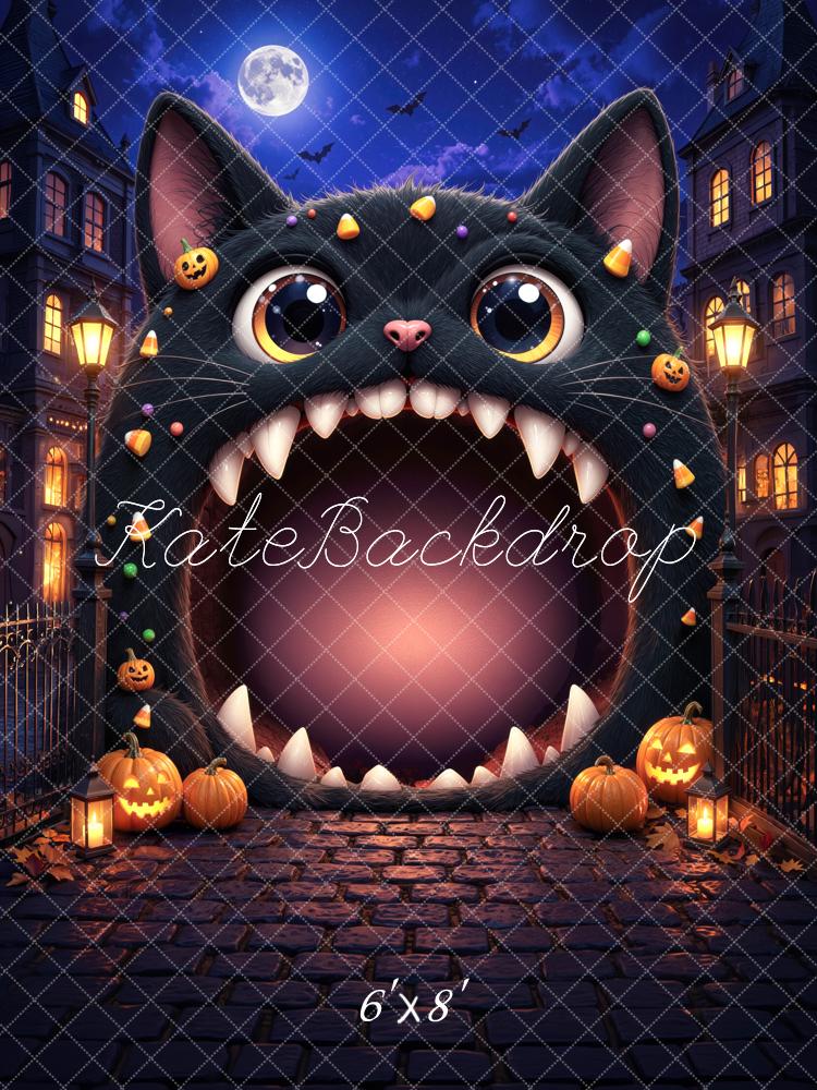 Kate Halloween Trunk or Treat Black Cat Haunted House Cobblestone Printed Backdrop Designed by Mini MakeBelieve
