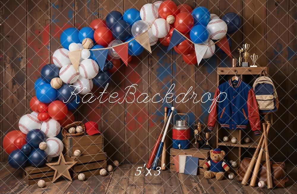 Kate Cake Smash Baseball Balloon Arch Wooden Crate Pennant Printed Backdrop Designed by Emetselch