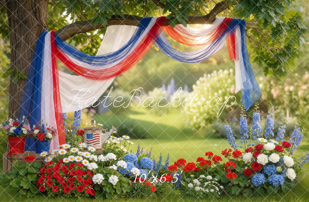 Kate 4th Of July Patriotic Red White Blue Drapes Garden Flowers Printed Backdrop Designed by Emetselch