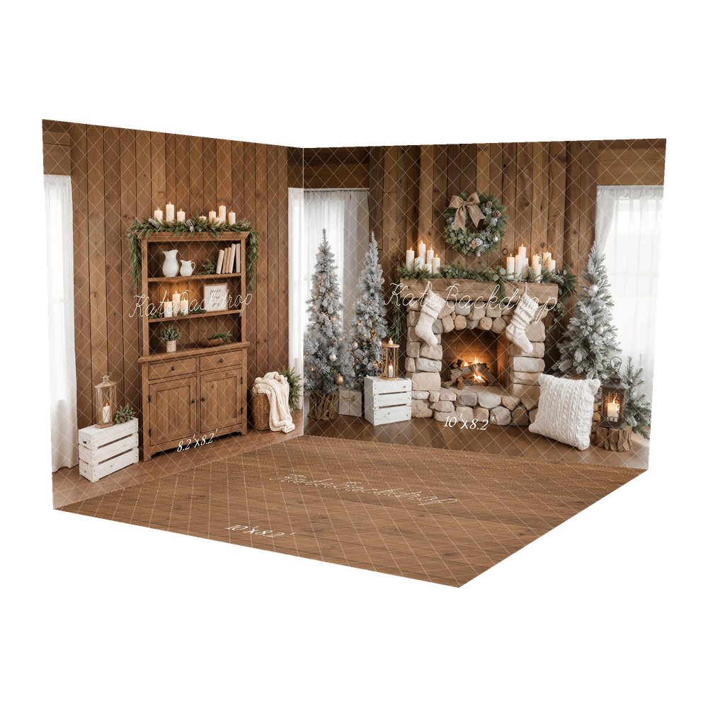 Kate Christmas Fireplace Wreath Stockings Trees Wood Shelf Backdrop Room Set
