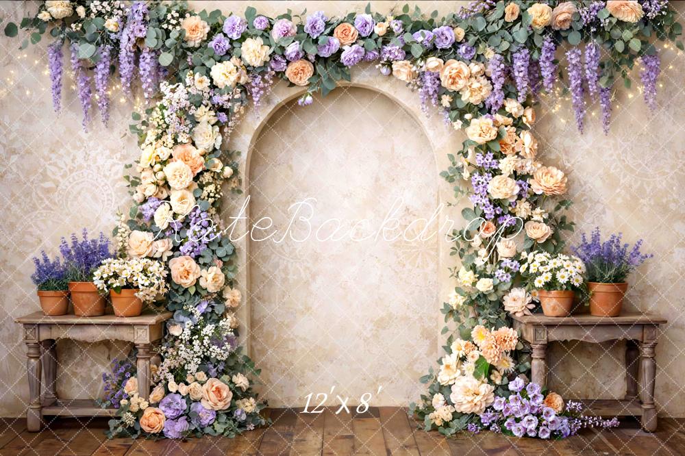 Kate Flower Arch Cream Lavender Floral Wall Printed Backdrop Designed by Mini MakeBelieve