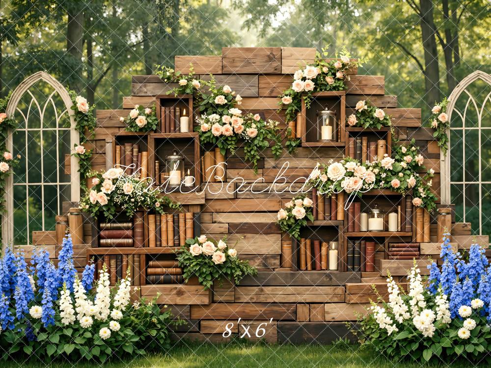 Kate Rustic Bookshelf Flower Arch Garden Printed Backdrop Designed by Mini MakeBelieve