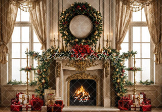 Kate Christmas Fireplace Retro Curtain Window Wreath Printed Backdrop Designed by Emetselch