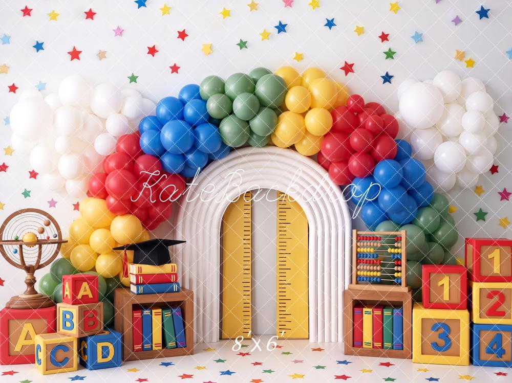 TEST Kate Back to School Rainbow Balloon Arch Books Blocks Printed Backdrop Designed by Chain Photography