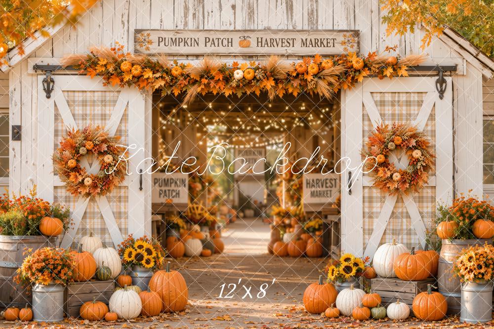 Kate Fall White Barn Pumpkin Harvest Wreath Printed Backdrop Designed by Emetselch