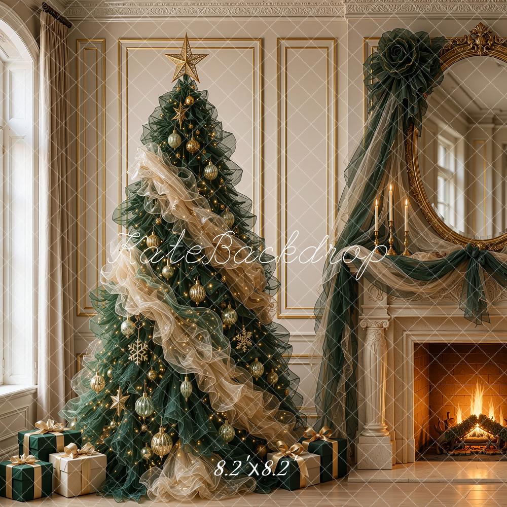 Kate Christmas Tree Tulle Fireplace Ornate Mirror Antique Printed Backdrop Designed by Shutter Swan Studios