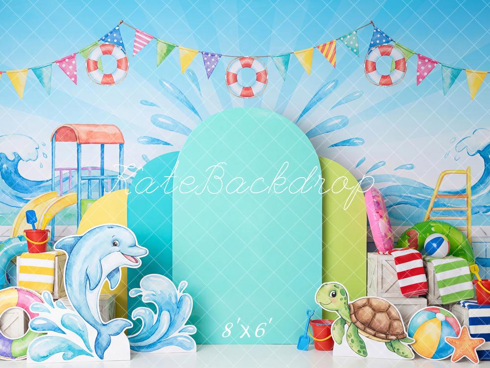 Kate Summer Pool Party Dolphin Turtle Waves Slide Printed Backdrop Designed by Patty Roberts