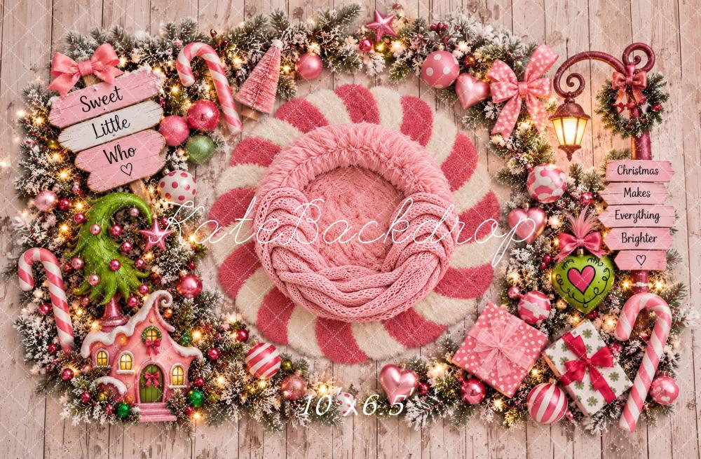 Kate Christmas Newborn Sweet Little Girly Who Pink Candy Cane Printed Backdrop Designed by Laura Bybee