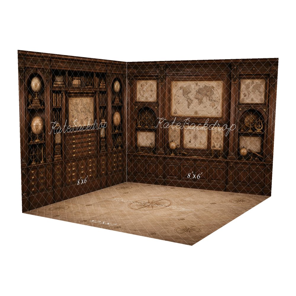 Kate Vintage World Map Brown Cabinet Study Printed Backdrop Room Set