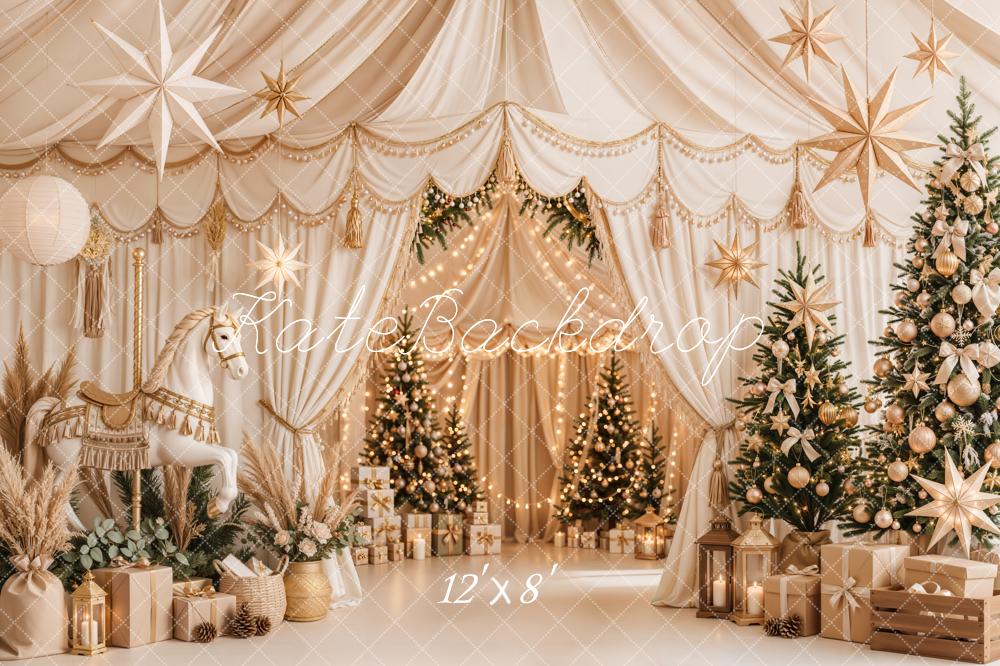 Lightning Deal Kate Christmas Circus Trees White Gold Draped Star Decor Printed Backdrop Designed by Emetselch