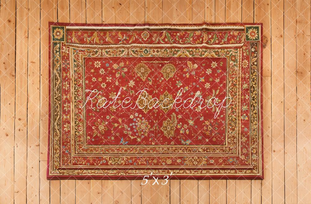 Kate Red Ornate Rug on Wood Floor Printed Backdrop Designed by Kate Image
