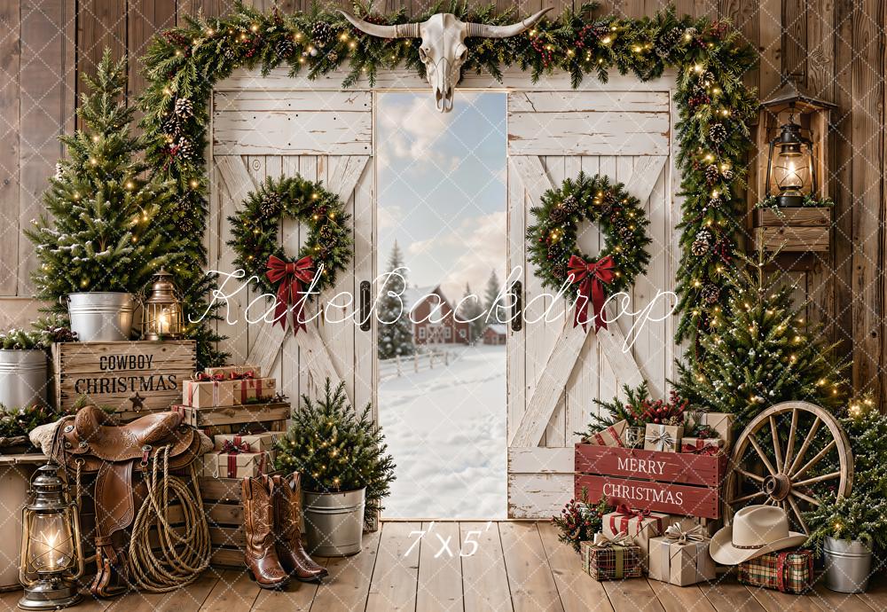 Kate Christmas Cowboy White Barn Door Wreath Garland Snow Printed Backdrop Designed by Emetselch