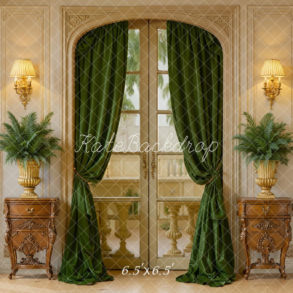 Kate Spring Indoor Green Curtain French Door Cabinet Backdrop Designed by Emetselch