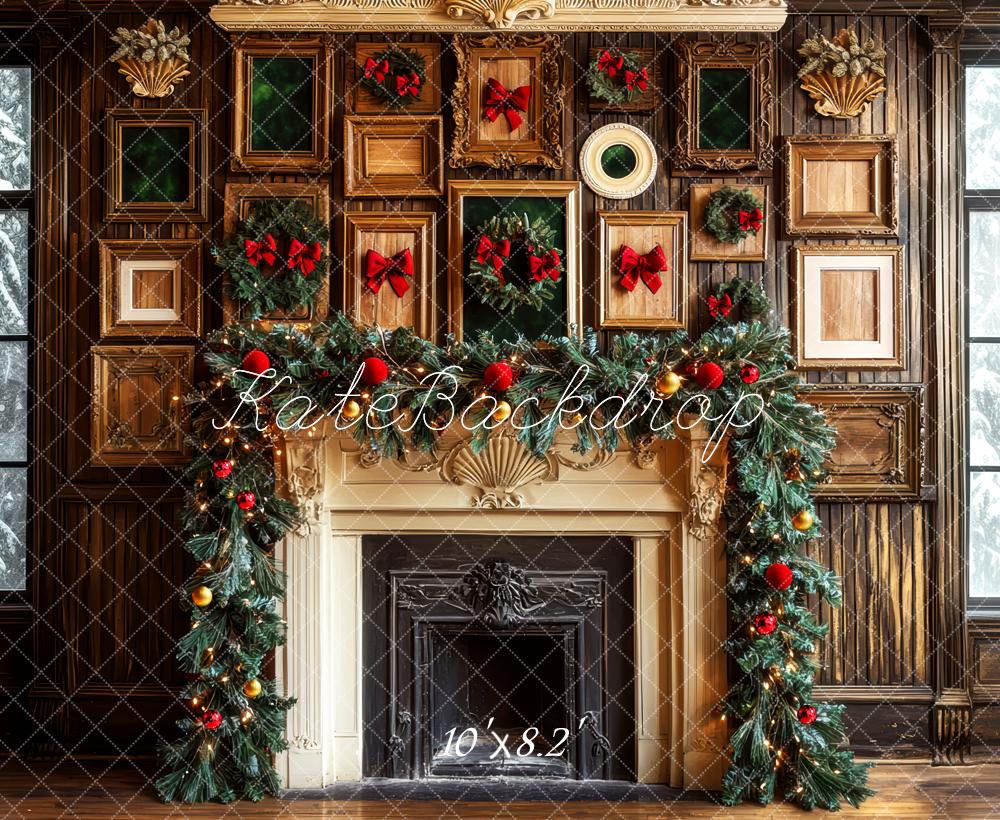 Kate Christmas Fireplace Garland Vintage Picture Frames Printed Backdrop Designed by Mini MakeBelieve