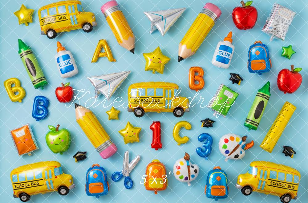 Kate Back to School Balloons School Bus Pencils Apples Blue Printed Backdrop Designed by Patty Roberts