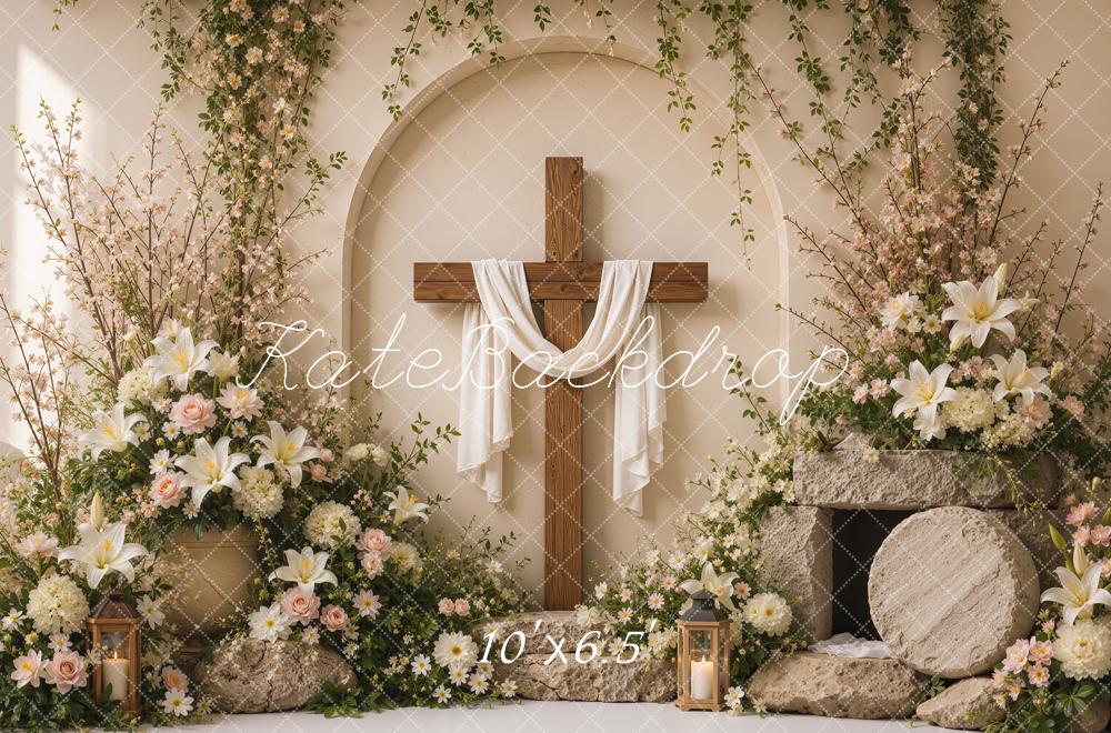Kate Easter Resurrection Cross Beige Flower Arch Printed Backdrop Designed by Shutter Swan Studios