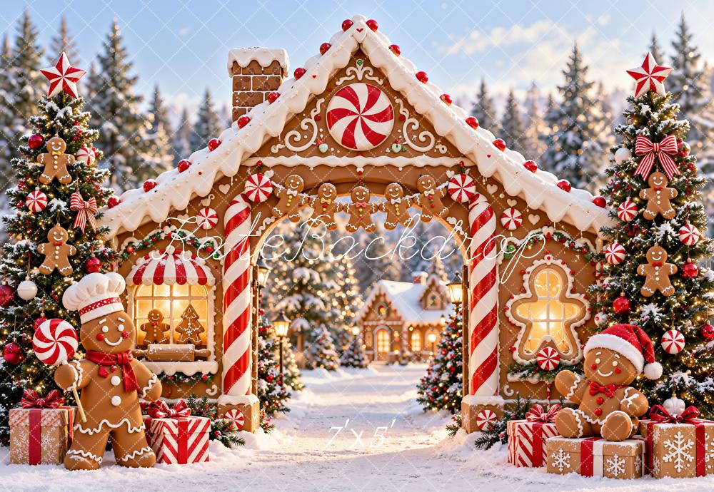 Kate Christmas Gingerbread House Candy Cane Arch Snowy Printed Backdrop Designed by Chain Photography